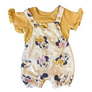 Disney Baby Girl 6/9 Months Minnie Mouse 2 Piece Outfit Overalls Ruffled Shirt